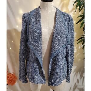 Talbots Open Tweed Blazer Jacket Womens Size L Blue White Career Office Pockets
